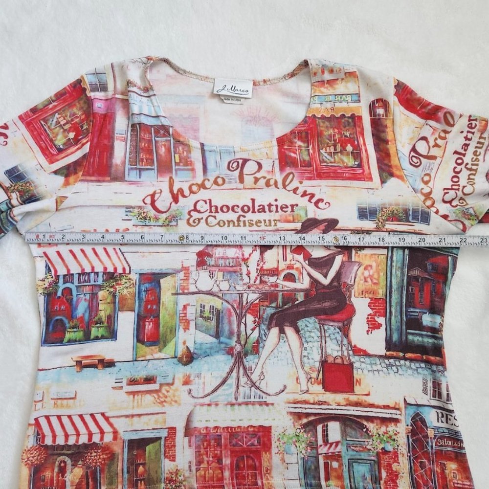Vintage 90s French Art Print Top Large Paris Cafe J Marco Cyber Rhinestones Y2K - Picture 14 of 16